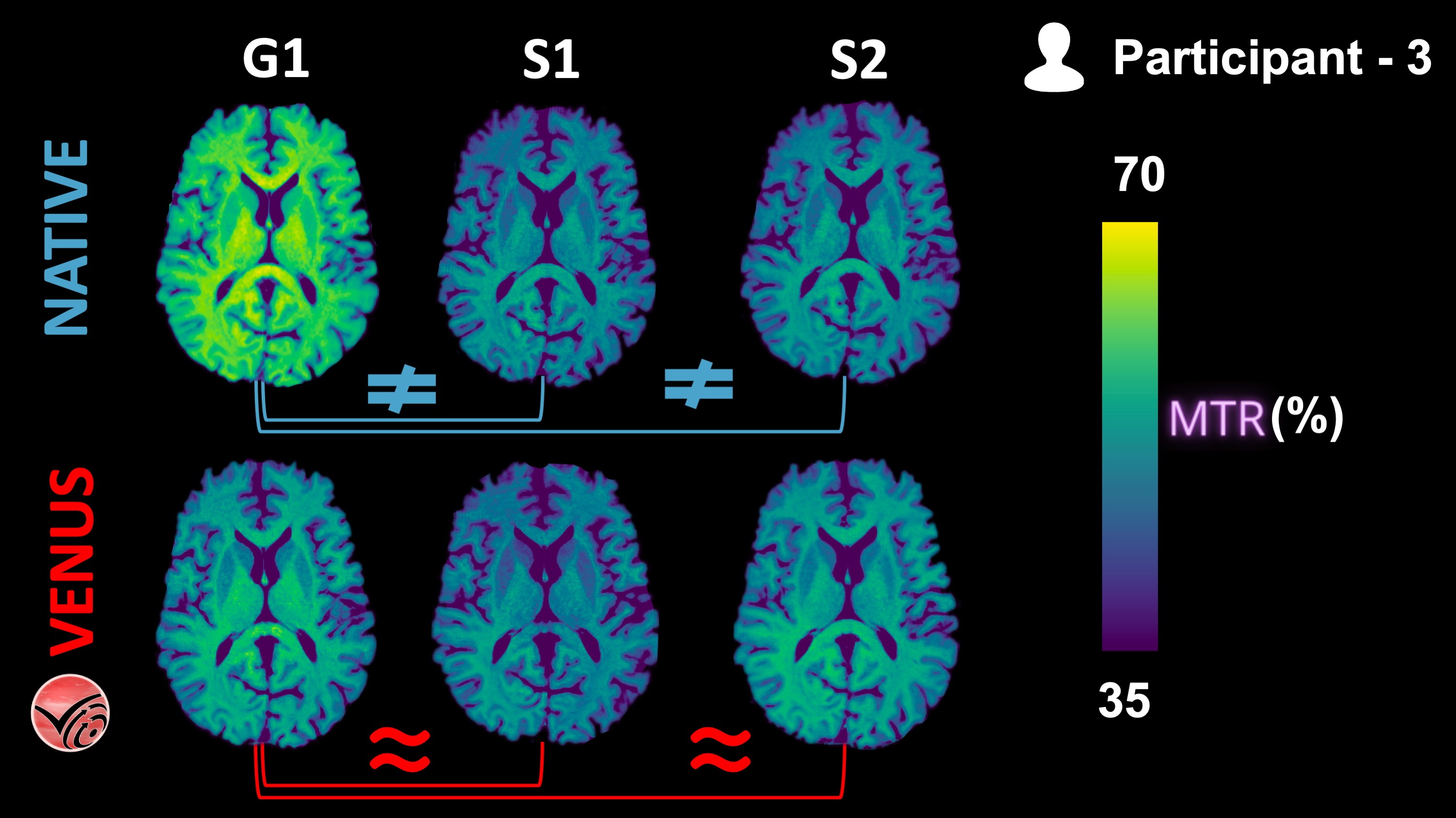 Vendor-native and VENUS quantitative MTR maps from P3 are shown in one axial slice.